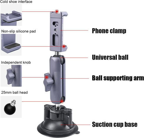 SUNWAYFOTO Universal Cellphone Auto Bracket - Suction Cup Mount for Windshield Car Window, Cell Phone Holder SPH-01