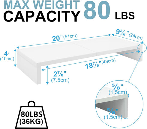 20 inch TEAMIX White Monitor Stand Riser, Wood Desktop Stand for PC/TV/Laptop/Printer, White Monitor Riser
