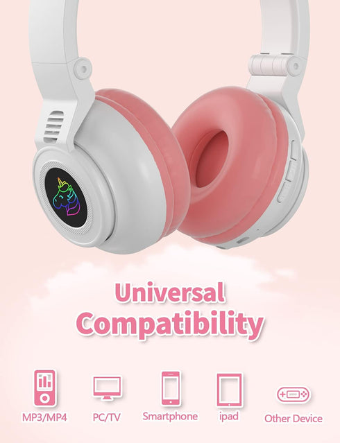 Unicorn Kids Headphones for Girls, Foldable Bluetooth Headphones for Toddlers, Light Up Wireless Headphones for