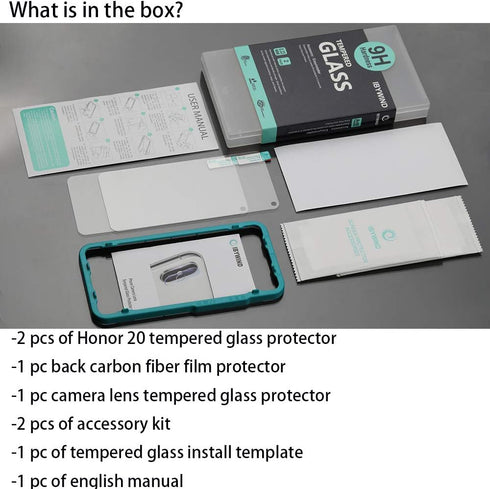 Ibywind Screen Protector for Honor 20/Nova 5T - 2Pcs Tempered Glass, 1Pc Camera Lens Protector, 1Pc Backing Carbon