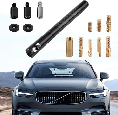 Ywdiml 4.7 inch 2Screw 9Adapter 2Rings, Carbon Fiber Car Short Antenna, American Flag Vehicle Radio Billet Antenna