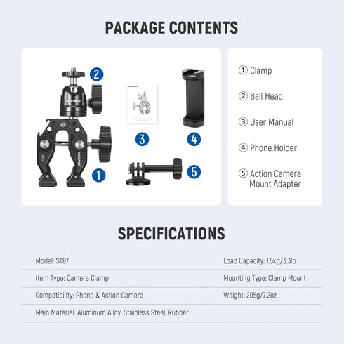 Neewer Super Clamp with Ballhead, Cold Shoe, Phone Holder, Action Camera Mount Adapter for GoPro DJI iPhone 15 Pro Max