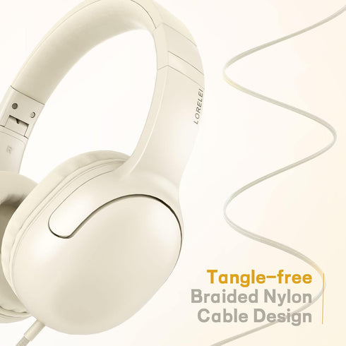 LORELEI E5 Foldable Wired Headphones for Kids - Tangle-Free 3.5mm Jack Stereo On-Ear Headsets (Beige White)