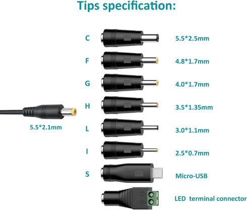 12W Universal Power Supply 12V 9V 7.5V 6V 5V 4.5V 3V 1A AC to DC Adapter for LED Strip, Router, CCTV