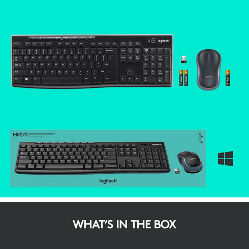 Logitech MK270 Wireless Keyboard and Mouse Combo, 2.4 GHz Wireless for Windows, Compact Mouse, Black