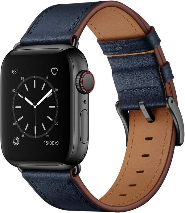 OUHENG Genuine Leather Apple Watch Band Replacement Strap for 42mm 41mm 40mm 38mm, Dark Blue/Black