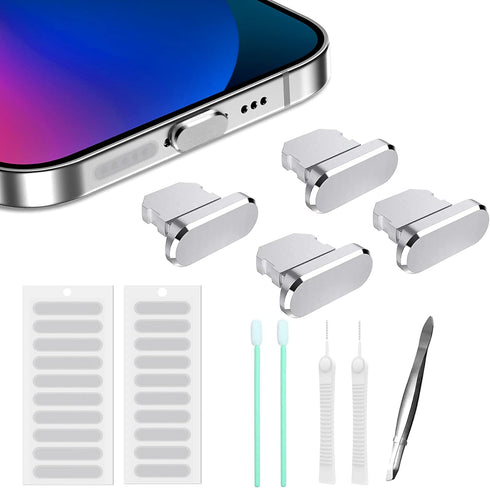 Iphone Dust Plug Compatible with iPhone and AirPods, Lightning Port Plug Protector Charging Port Anti Dust Cover includes Speaker Cover and Port Cleaning Kit (Silver)