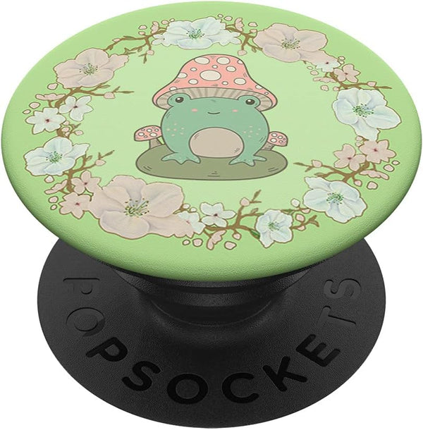 Cottagecore Frog Mushroom Hat Floral Wreath Pastel Green PopSockets Swappable PopGrip