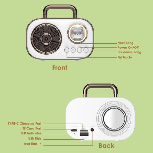 SpringFlora Sound,4H Wireless Bluetooth Speaker, Cute Mini Portable Speaker,Loud Playtime, Mic,TF/SD Card, Aux