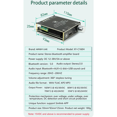 C160H TDA7498E Bluetooth 5.0 Digital Power Amplifier Board - 12-36V AUX, 2 x 160W Speaker Stereo Audio AMP Module for