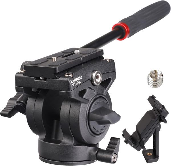 VS05K Tripod Fluid Head with 1/4" Arca QR Plate, Max Load 11 lbs for Video and DSLR Cameras, 3/8 to 1/4 Inch Screws
