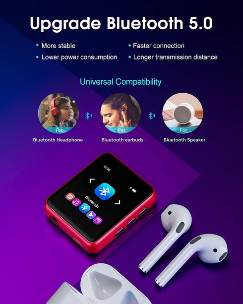 MP3 Player Bluetooth 5.3, Full Touch Screen Mini Player, HiFi Lossless Music, FM Radio, Up to 128GB