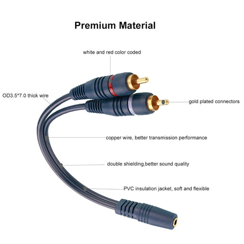3.5mm Female to 2 RCA Male Stereo Audio Y Cable 2 Pack 9 inches Gold Plated Plug RCA Splitter RCA to AUX Adapter Cables Connection to TV, Computer, Speakers, Headphones