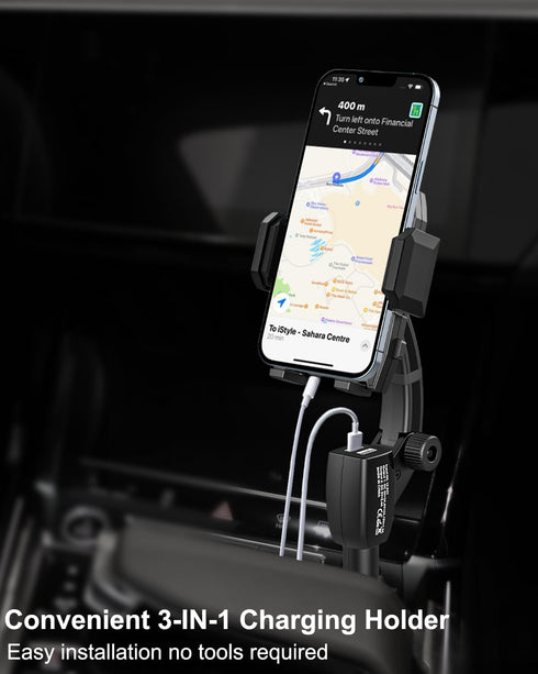 Cigarette Lighter Car Phone Holder Charger, Dual USB Fast Charging Mount with Adjustable Arm & 360° Rotating for iPhone