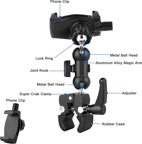 Phone Holder Clamp Mount for Treadmill/Spin Bike/Baby Stroller, Compatible with 3.5~7.5" Smartphones, 360° Adjustable
