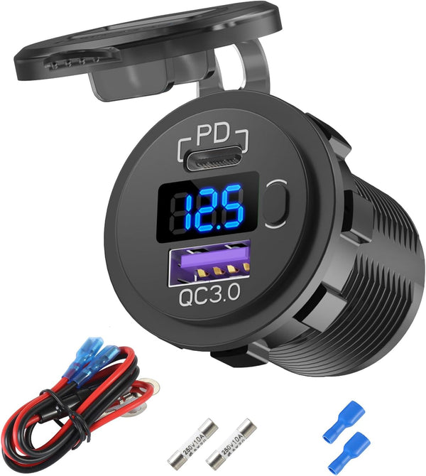 12V USB C Car Charger Socket, 38W USB Cigarette Lighter Replacement with PD 3.0 and QC 3.0 for Car Marine Truck