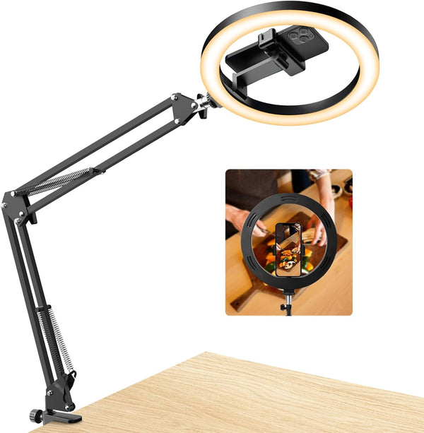 Evershop Upgrade Ring Light Overhead Phone Mount, 10” Circle LED Desk Ring Light with Stand for Video Recording