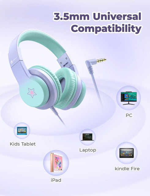 iClever HS19S Kids Headphones - 85dBA Safe Volume Limiter, Over Ear Stereo Headphones for Kids, Foldable 3.5mm Jack for