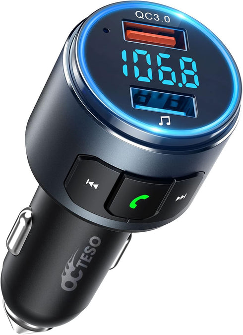 Upgraded V5.0 Bluetooth FM Transmitter Car, Wireless Adapter with QC3.0, LED Backlit, Hands-Free Calls