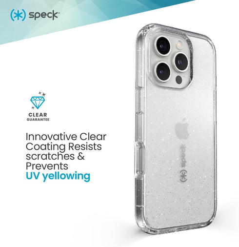 Speck 16 Clear iPhone Pro Case - Slim Phone Case - GemShell - Clear/Platinum Glitter