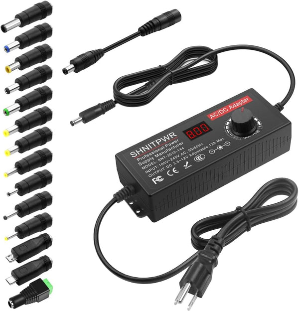 SHNITPWR Adjustable DC 12V Universal AC Adapter, Multi-Voltage 3.5V~12V 12A 144W Power Converter with 14 Tips