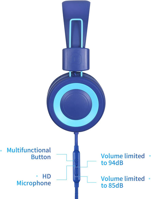 POWMEE P10 Kids Headphones with Microphone, Adjustable 85dB/94dB Volume, Foldable On-Ear for School/PC/Cellphone (Blue)