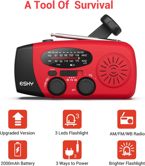 Esky Emergency Hand Crank Radio, 3 LED Flashlight, AM/FM/NOAA Portable Weather Radio, 2000mAh Power Bank