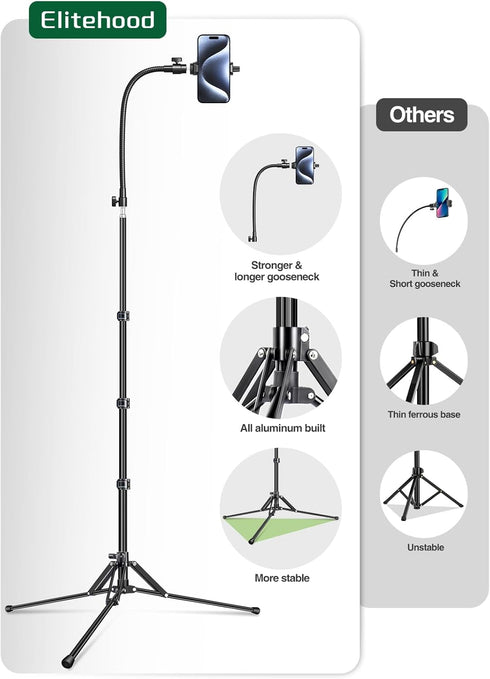 elitehood 6.8 Feet Tall Phone Stand Tripod, Aluminum iPhone Tripod, Adjustable for iPhone 15 Pro Max, Android Phones
