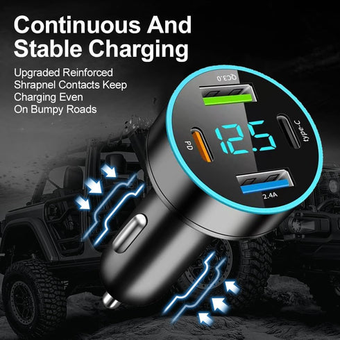 4-in-1 Fast Car Charger, PD/QC3.0/Type C Fast Charging Universal Car Phone Charger with Blue LED & Voltmeter for Car