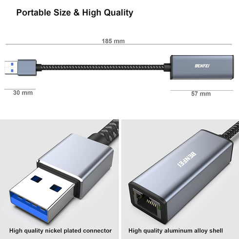 BENFEI USB 3.0 to Gigabit Ethernet Adapter, Compatible for MacBook, Surface Pro, PC with Windows 11/10/8/7, XP, Vista,