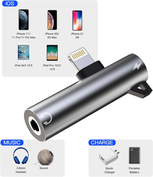 Headphone Adapter Lightning to 3.5mm AUX Audio Jack and Charger Extender Dongle for iPhone 11, 12, Mini, Pro