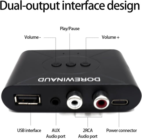 DOREWINAUD 5.3 Bluetooth Audio Receiver, Wireless Audio Receiver RCA Adapter for Stereo, USB Flash Drive/NFC One Key