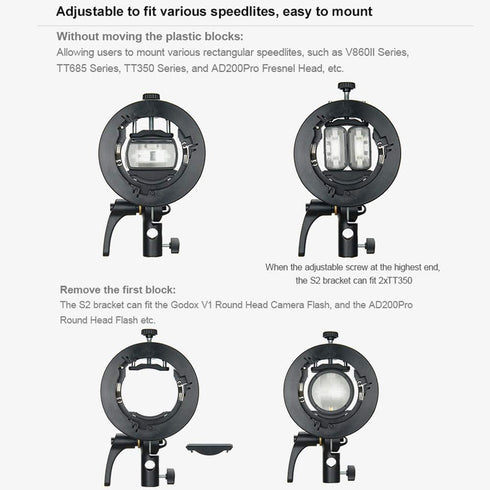 Godox S2 Speedlite S-Type Bracket Bowens Mount for Godox V1 AD200Pro AD400Pro, Precise Tilt Control and Umbrella Mount