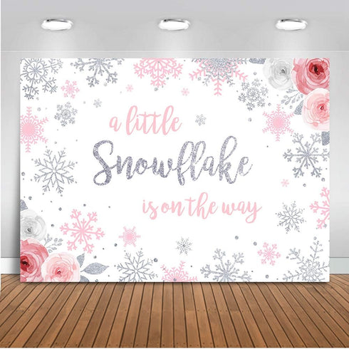 Mocsicka Snowflake Baby Shower Backdrop, Winter Wonderland Photography Background, Pink & Silver Snowflakes