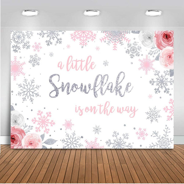 Mocsicka Snowflake Baby Shower Backdrop, Winter Wonderland Photography Background, Pink & Silver Snowflakes
