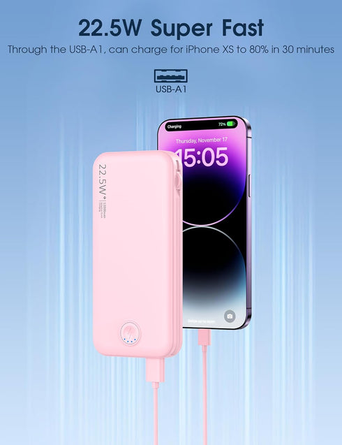 Portable Charger with Built-in Cable and AC Wall Plug, USB C Power Bank 12000mAh 22.5W Super Fast Charging for iPhone,