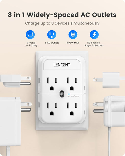 LENCENT 2 Prong Power Strip, 3 to 2 Prong Outlet Adapter, Surge Protector, Compact Wall Plug Splitter Tap for