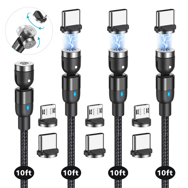 Shopify SEO Optimized: Magnetic Charging Cable 4 Pack (10ft each) - 540 Rotation, Nylon Braided, for Type C & Micro