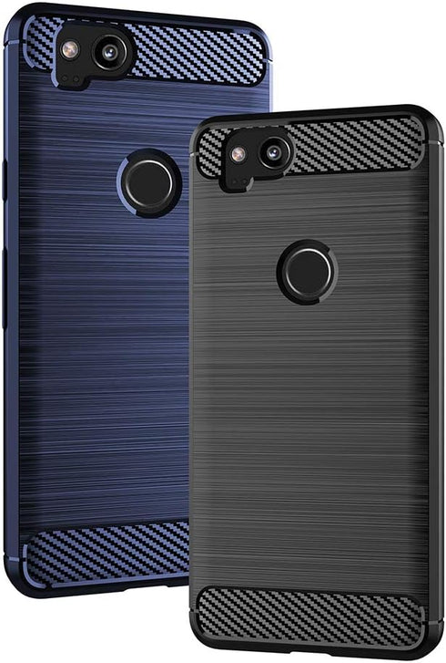 Asuwish Compatible Google Pixel 2 Case, Tempered Glass Screen Protector, Soft Silicone Cover, Carbon Fiber Navy