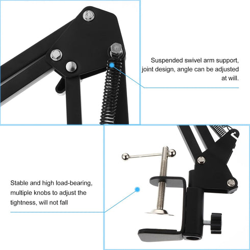 DIYEAH 1/4 Inch Metal Webcam Clamp Desktop Stand with Adjustable Scissor Arm Boom, Screw Interface, Black Suspension