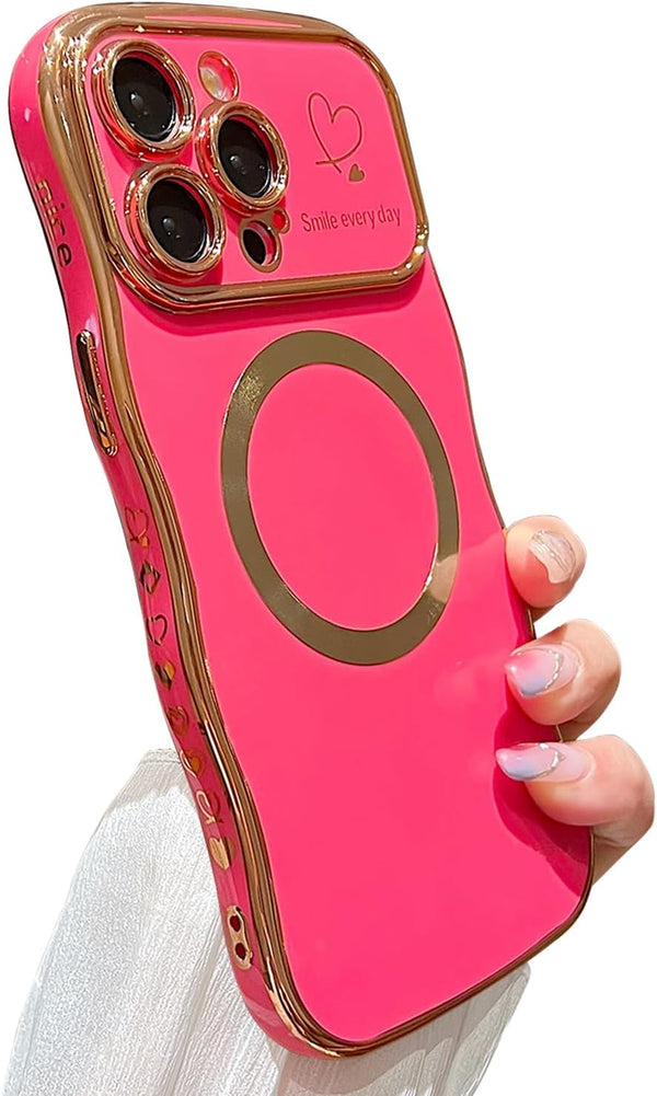 for iPhone 14 Pro Max Case Magnetic, Soft Cute Wave Frame Curly Shape Love Heart Luxury Plating Compatible with MagSafe