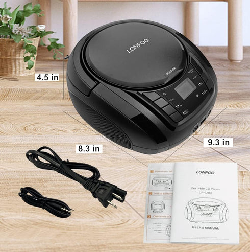 LONPOO Portable Boombox CD Player with FM Radio, USB, Bluetooth, AUX Input, Stereo Sound Speaker, Black