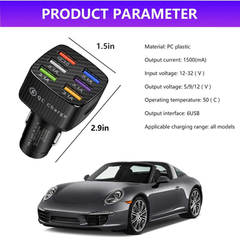 Car Charger Adapter, 6 USB Multi Port Fast Charger, Include QC 3.0 and 5 Other Ports, Auto Quick Charging Adapter for Most Cell Phones, Interior Car Accessories for SUV Truck (Black) by Augeny