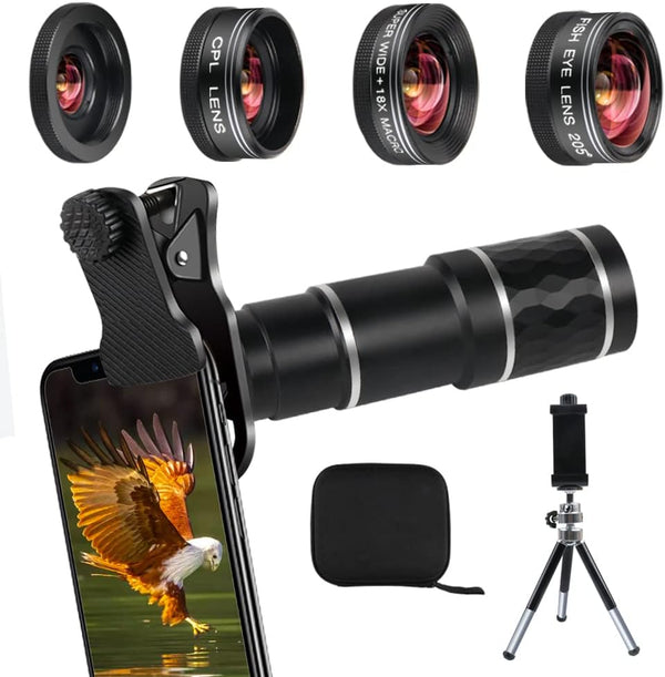Phone Camera Lens Kit - 20X Telephoto Zoom, Wide Angle & Macro Lens for iPhone, Android Smartphones