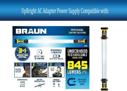 UpBright 6V AC/DC Adapter Compatible with Braun 63990 Harbor Freight Tools 845 Lumen Underhood Worklight Rechargeable Lithium Li-Ion 3.7V 2000mAh Rugged Work Light 6VDC Power Supply Battery Charger