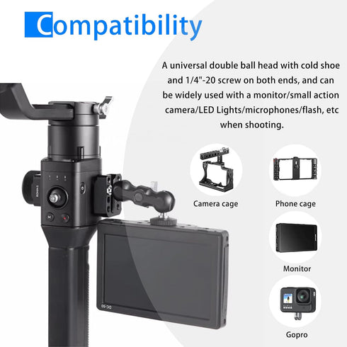 Magic Arm Cool Ballhead Double Ball Head Adapter with 1/4’’ Screw & Cold Shoe Mount - 2 Pack for Cameras