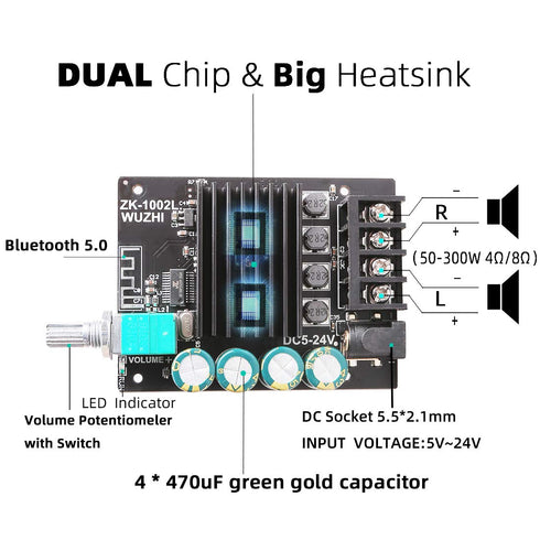 Bluetooth Amplifier Board, 100W+100W Peak Output Power, 2.0 Channel, BT 5.0 AMP Board for DIY Wireless Speakers