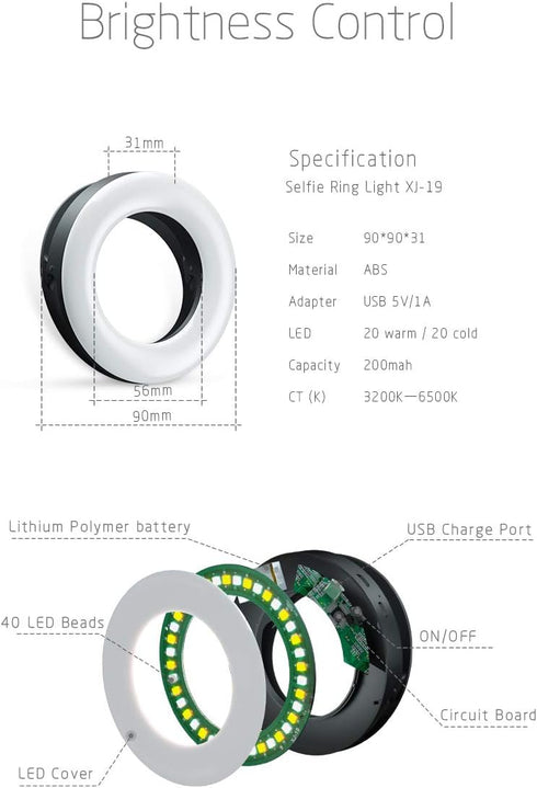 XINBAOHONG 40 Selfie Ring Light Rechargeable Portable Clip-on Selfie Fill Light with LED for Smart Phone Photography