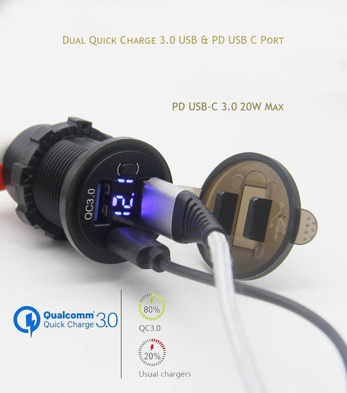 Dual USB Quick Charge 3.0 Port & PD USB C Car Charger Socket, 12V USB Outlet with Voltmeter for Car