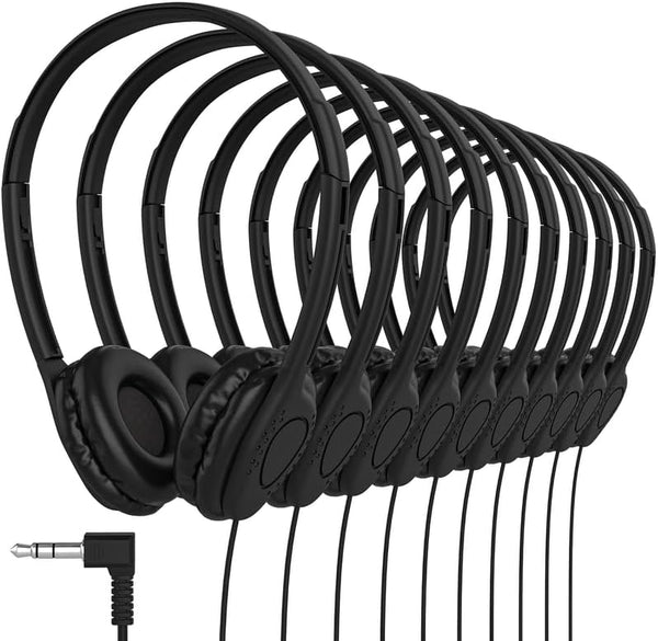 Maeline Kids Headphones 20 Pack for School, Adjustable On Ear Stereo Headset with Faux Leather Cushions, Black